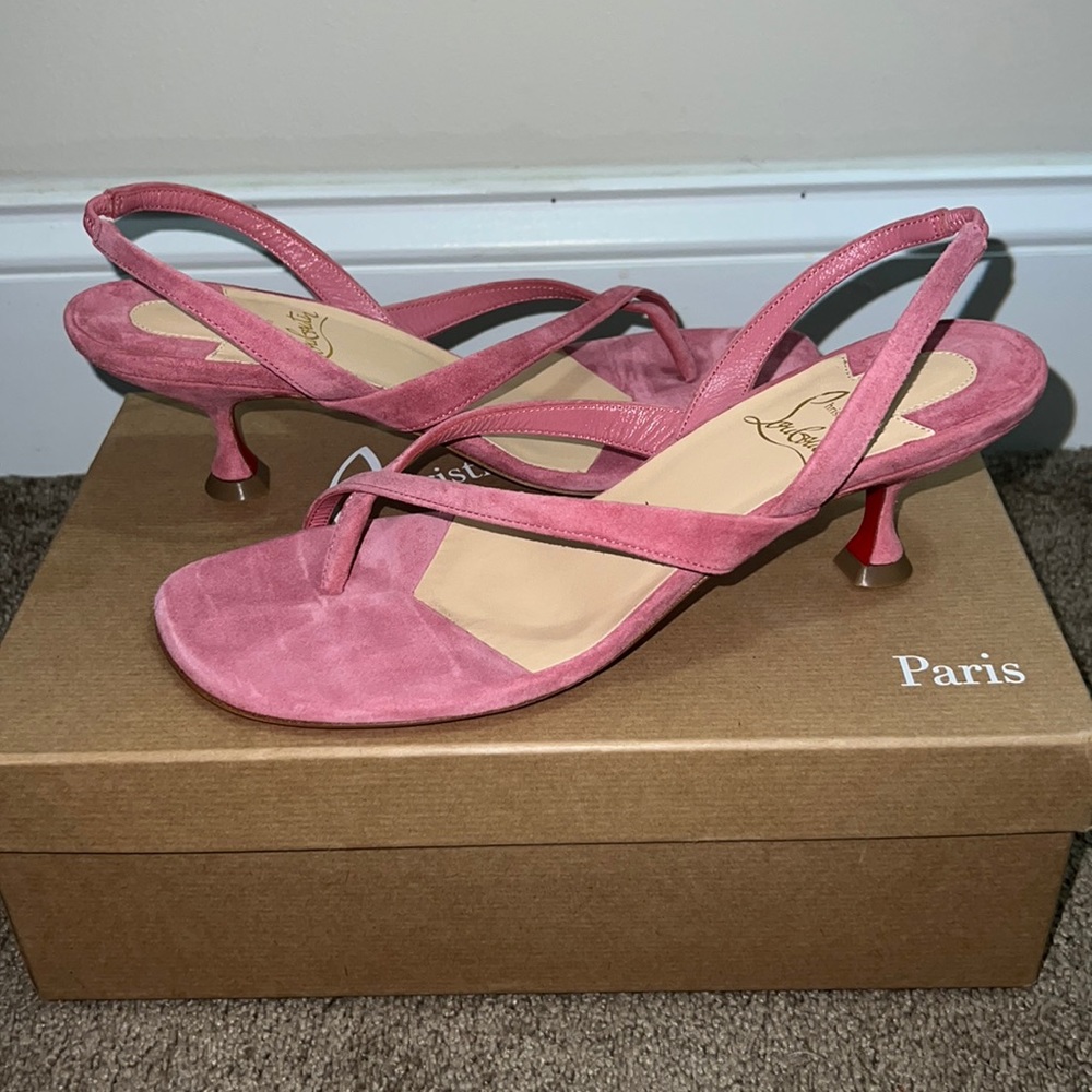 Authentic Christian Louboutin Kitten Heels/Sandals in Pink Suede